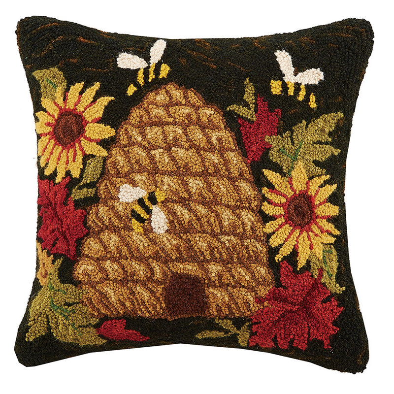 Peking Handicraft Beehive Sunflower Hook Wool Throw Pillow & Reviews